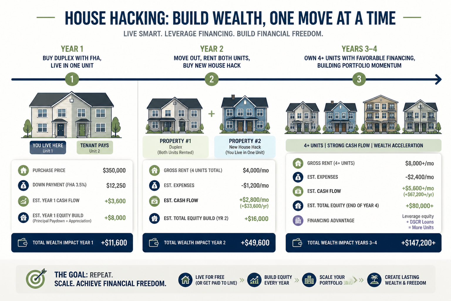 House hacking wealth building timeline showing progression from first duplex to multiple properties over 3-4 years