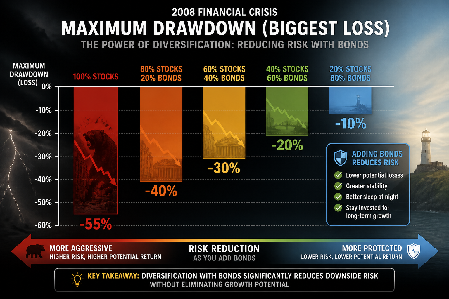 Bar chart comparing maximum portfolio drawdown during 2008 financial crisis for different stock and bond allocations