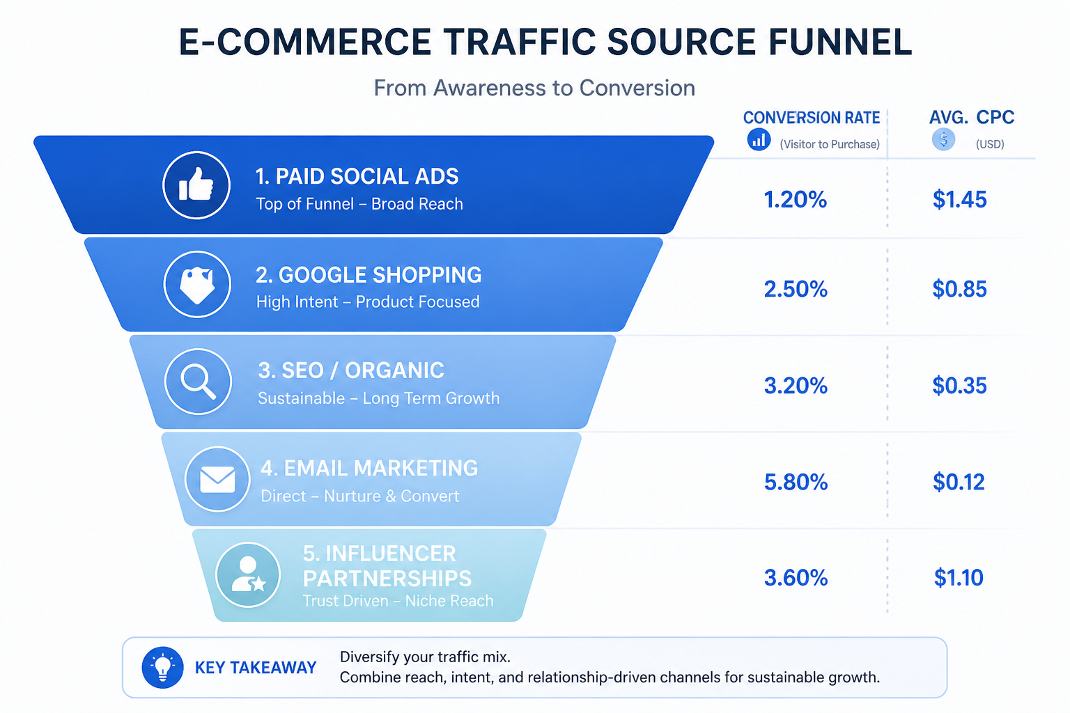 E-commerce traffic funnel showing five main traffic channels from paid social to email marketing with conversion rates
