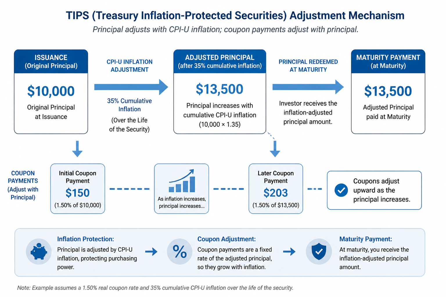 TIPS mechanism diagram showing how inflation adjusts principal from $10,000 to $13,500 and grows coupon payments proportionally