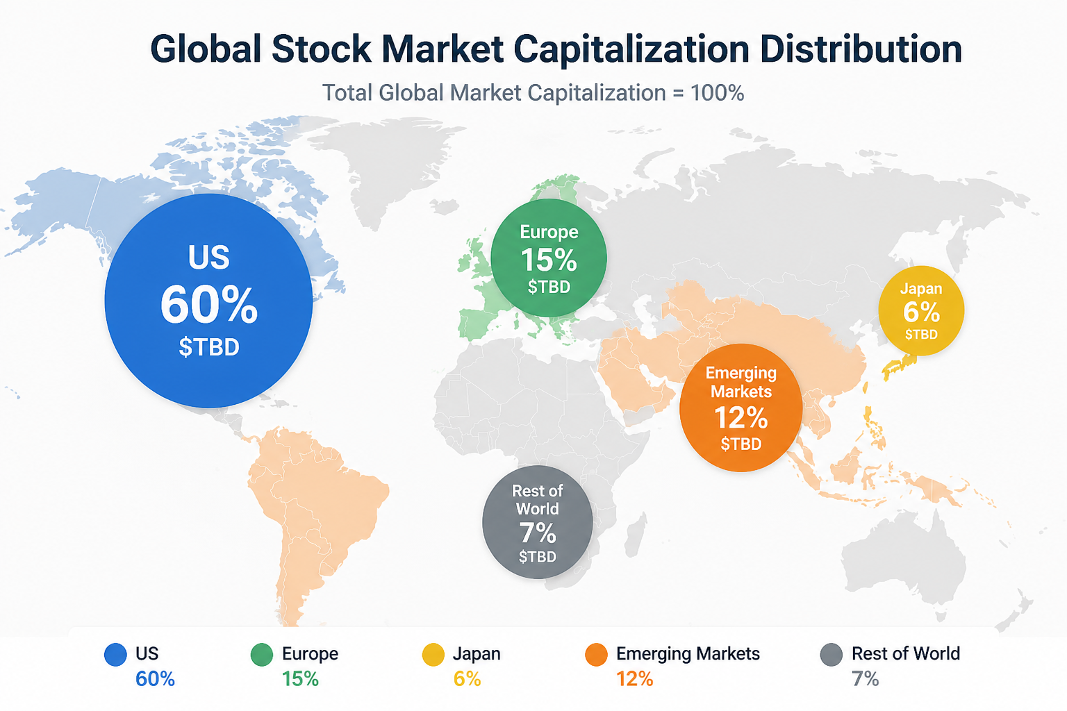 World map showing global stock market capitalization with US at 60 percent and other regions labeled with percentages