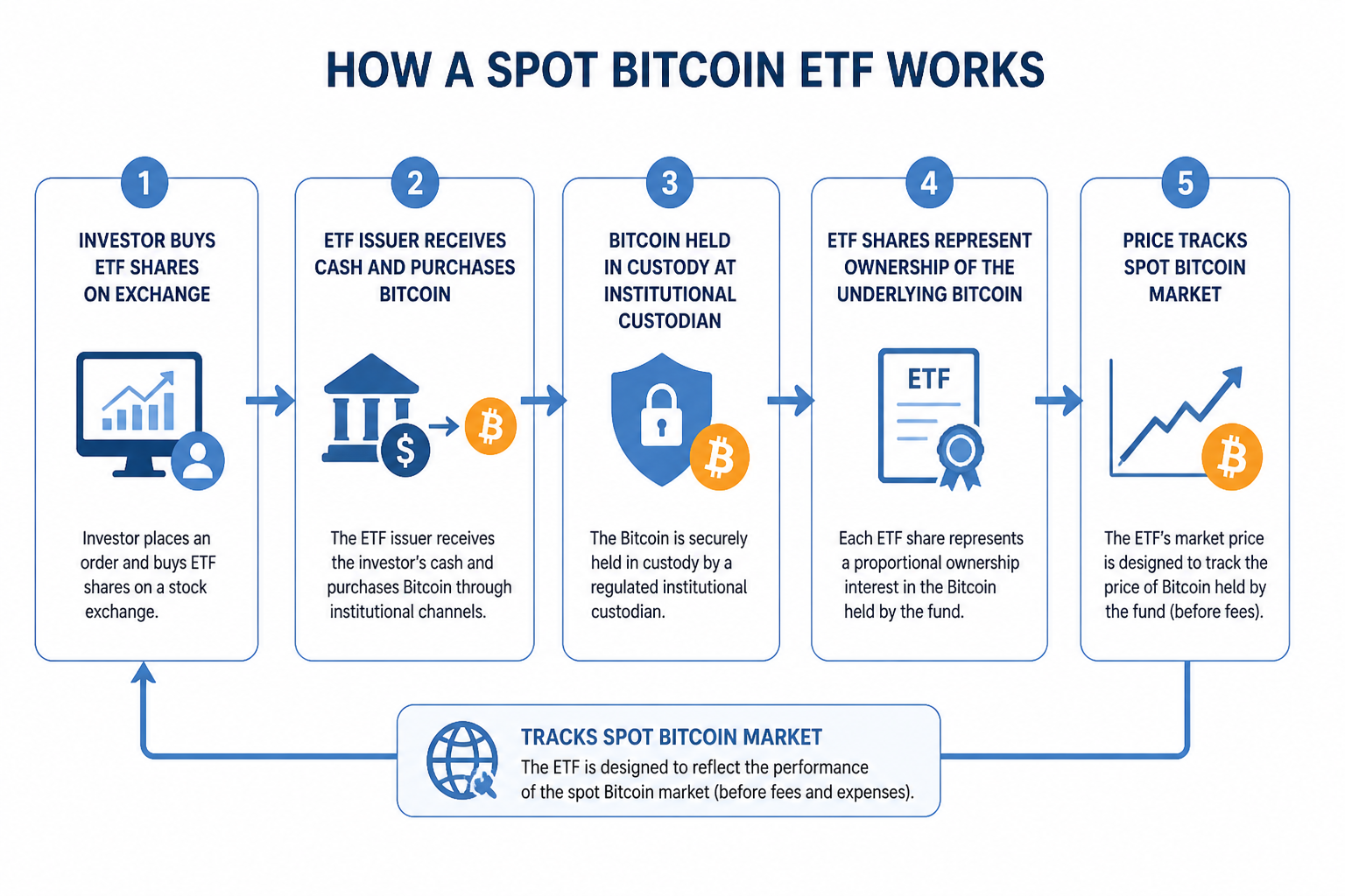 Flow diagram showing how spot Bitcoin ETF purchases work from investor to Bitcoin custody
