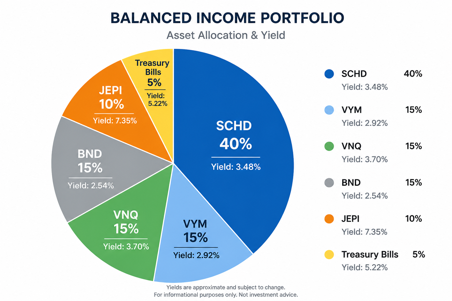 Passive income portfolio allocation pie chart showing SCHD, VYM, VNQ, BND, JEPI, and Treasury bills with yield percentages