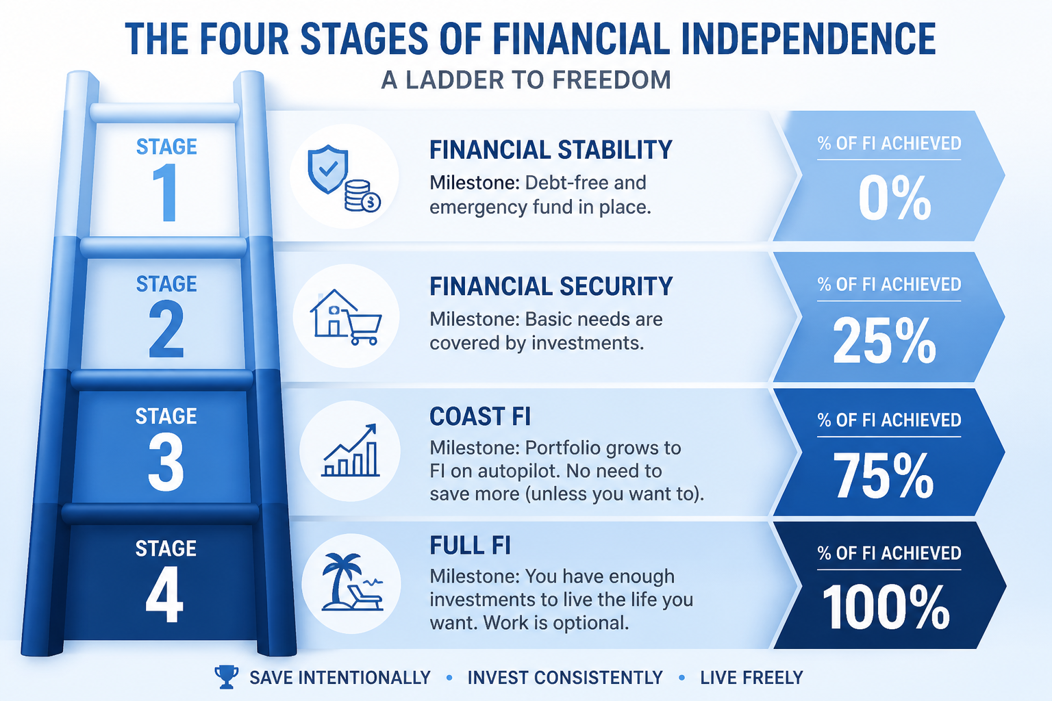 Four-stage ladder showing progression from financial stability to full financial independence
