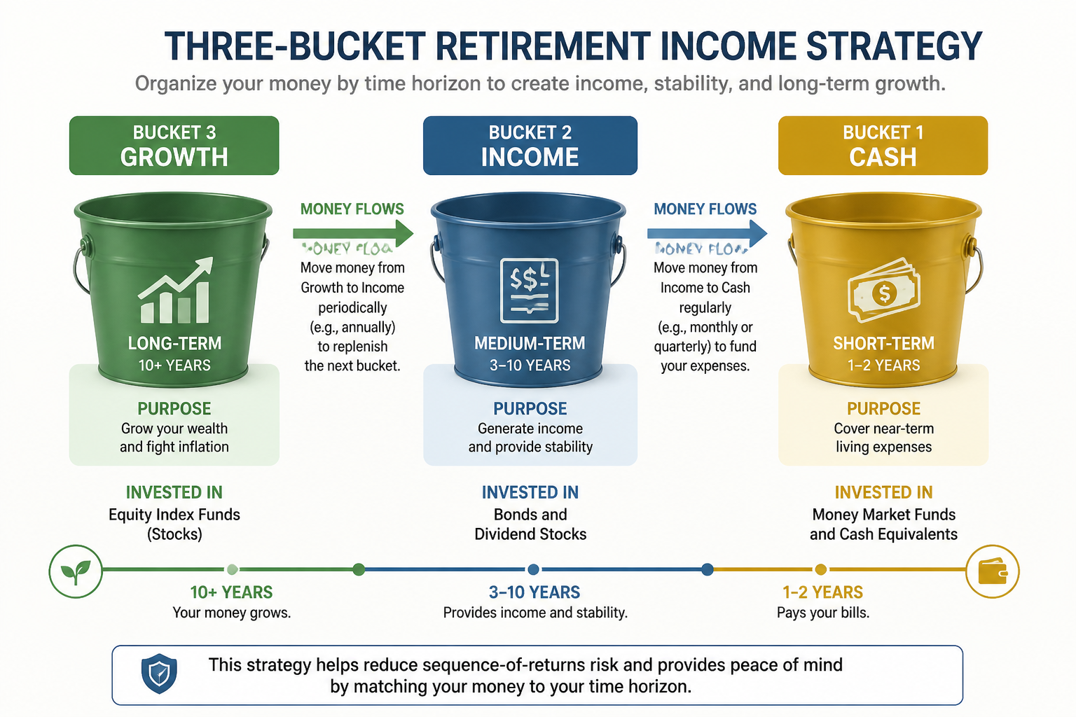 Three-bucket retirement income strategy showing cash, income, and growth buckets with fund flow arrows