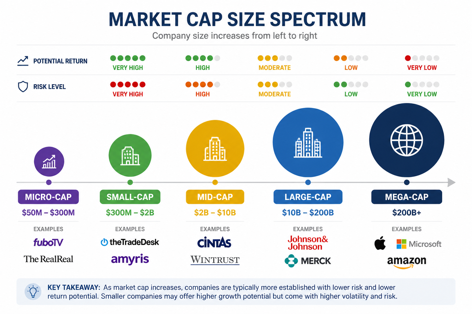 Market capitalization spectrum showing five size categories from micro-cap to mega-cap with size ranges and example companies
