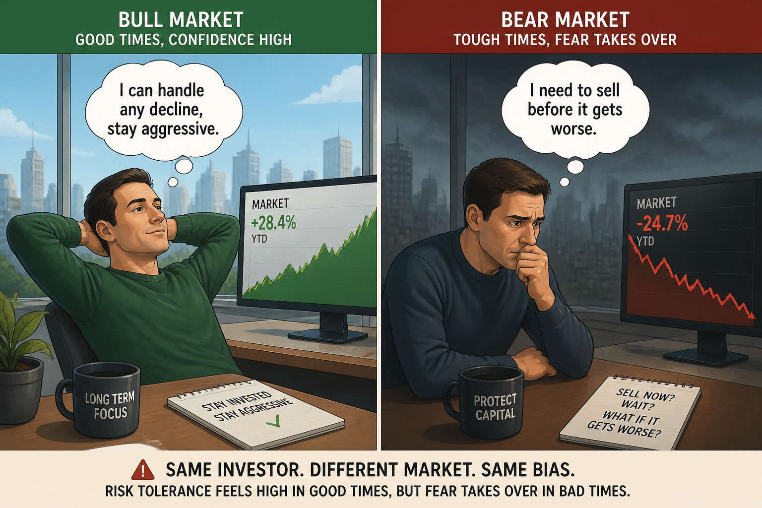 Two-panel illustration showing investor overconfident during bull market versus panicking during bear market showing the gap between perceived and actual risk tolerance