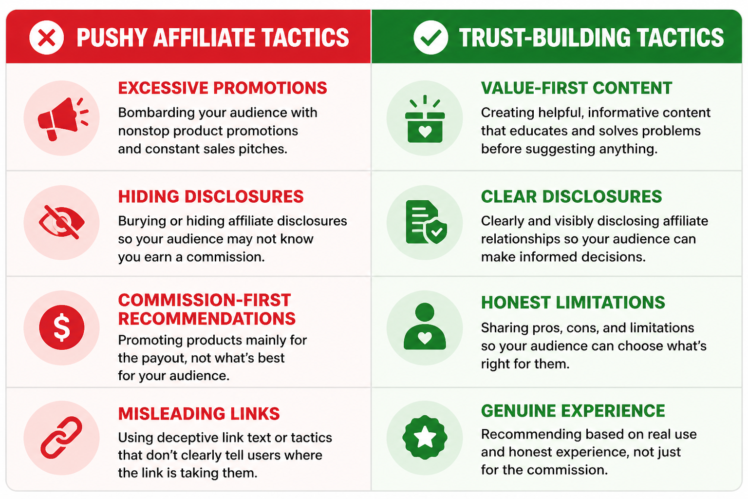 Side-by-side comparison of pushy affiliate tactics in red versus trust-building affiliate tactics in green