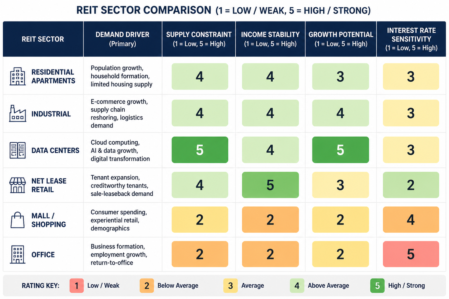 REIT sector comparison table showing demand drivers, supply constraints, income stability, growth potential, and rate sensitivity