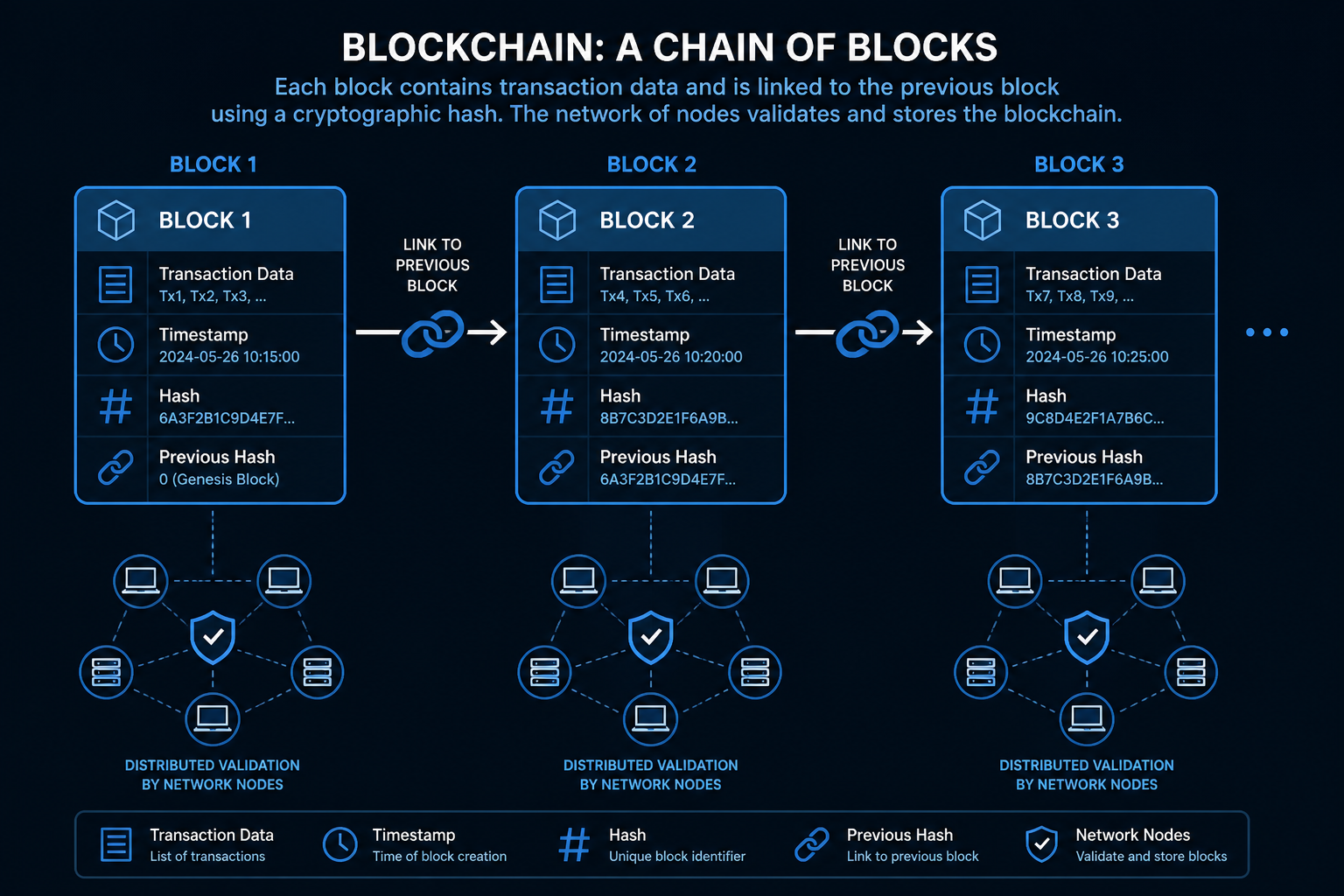 Blockchain diagram showing linked blocks with transaction data and distributed network nodes