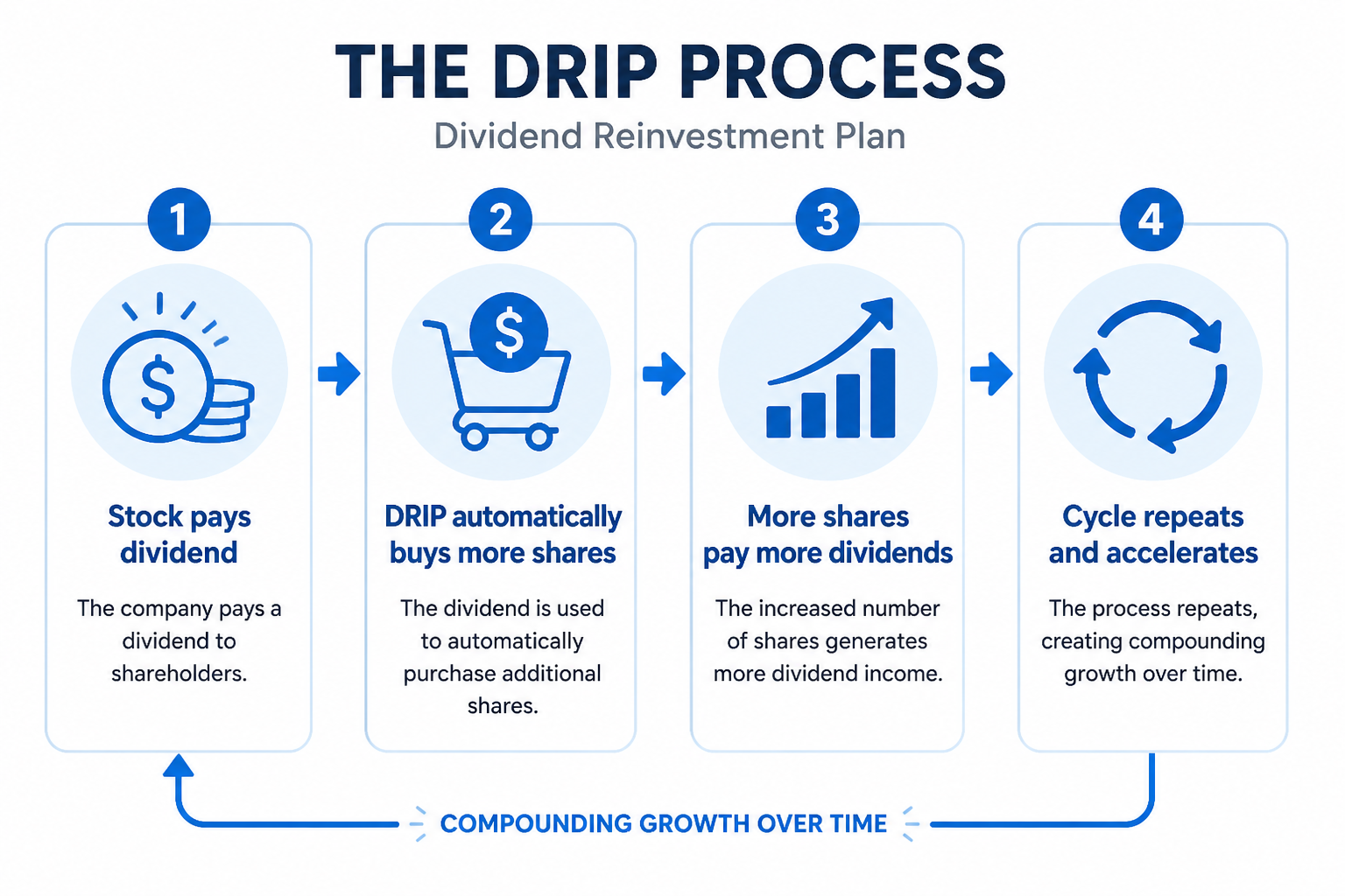 Four-step DRIP cycle infographic showing dividends buying shares which generate more dividends