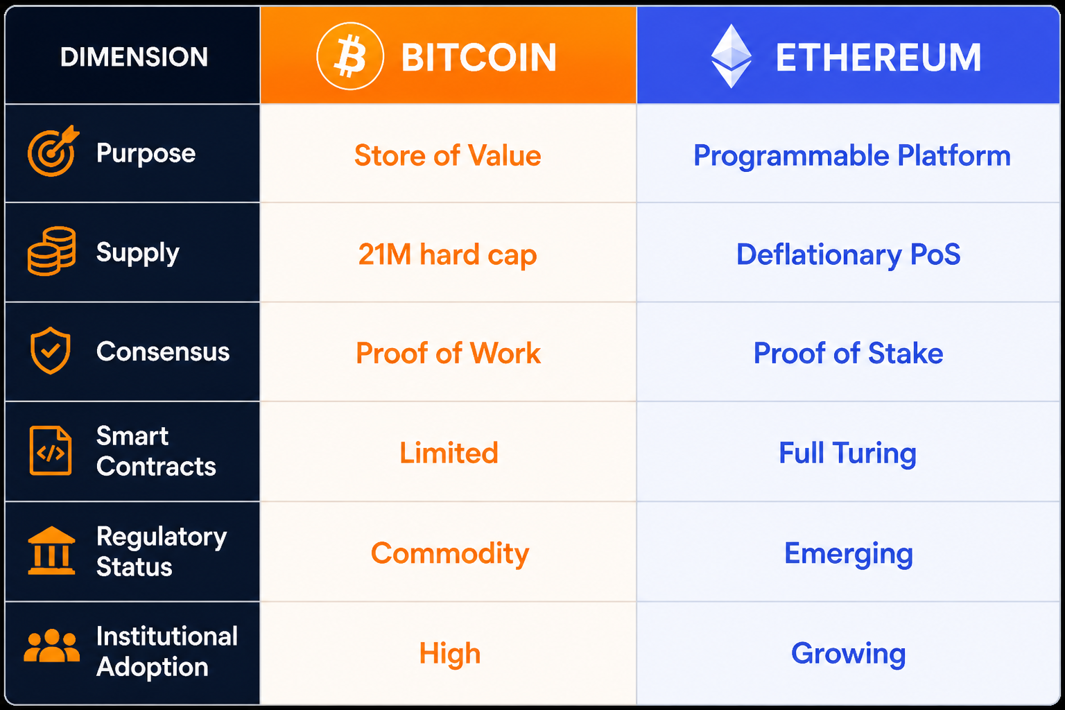 Comparison table of Bitcoin versus Ethereum showing purpose, supply, consensus mechanism, smart contracts, regulatory status, and institutional adoption
