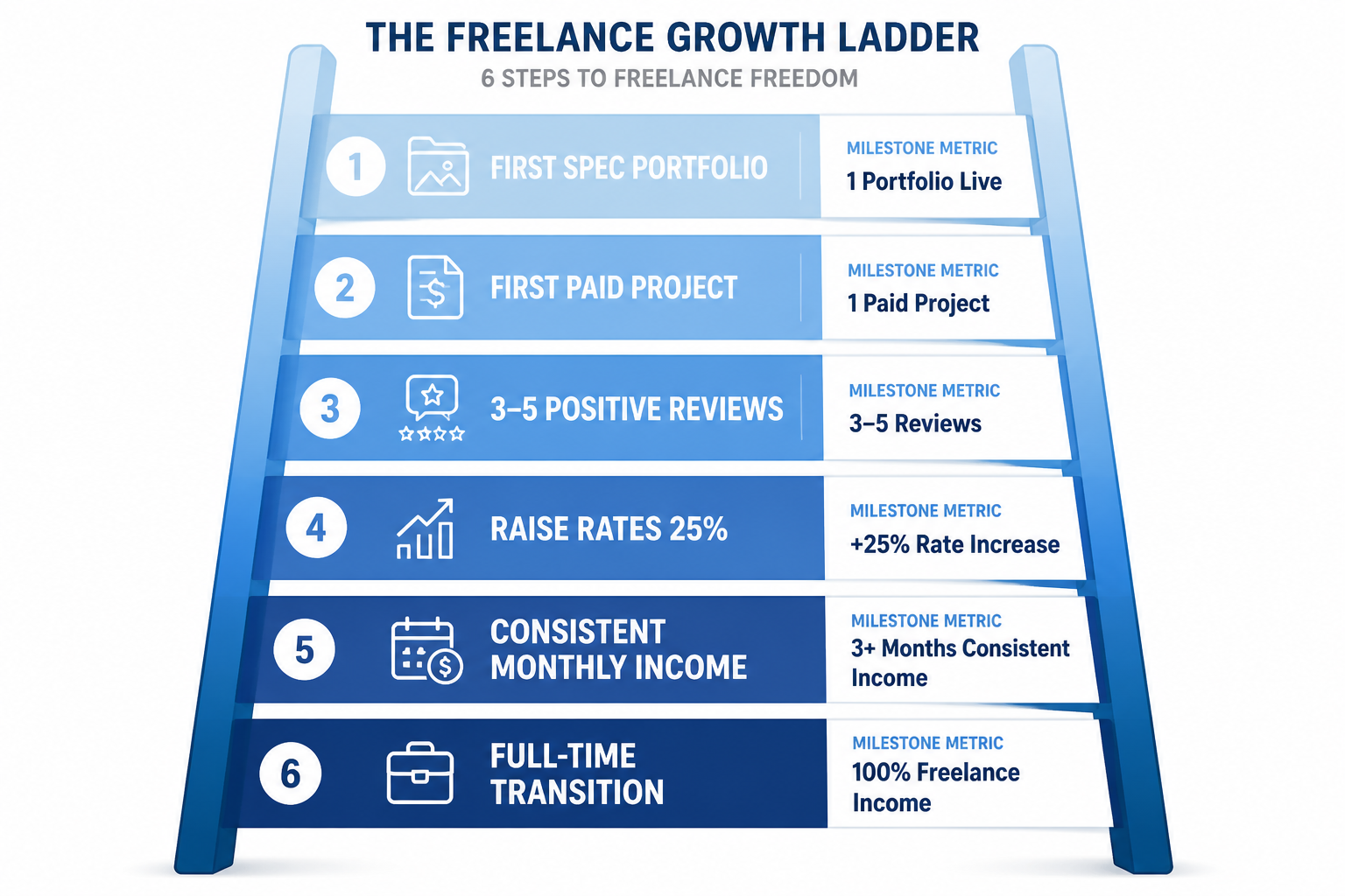 Ladder infographic showing six stages of freelance career growth from first portfolio to full-time income